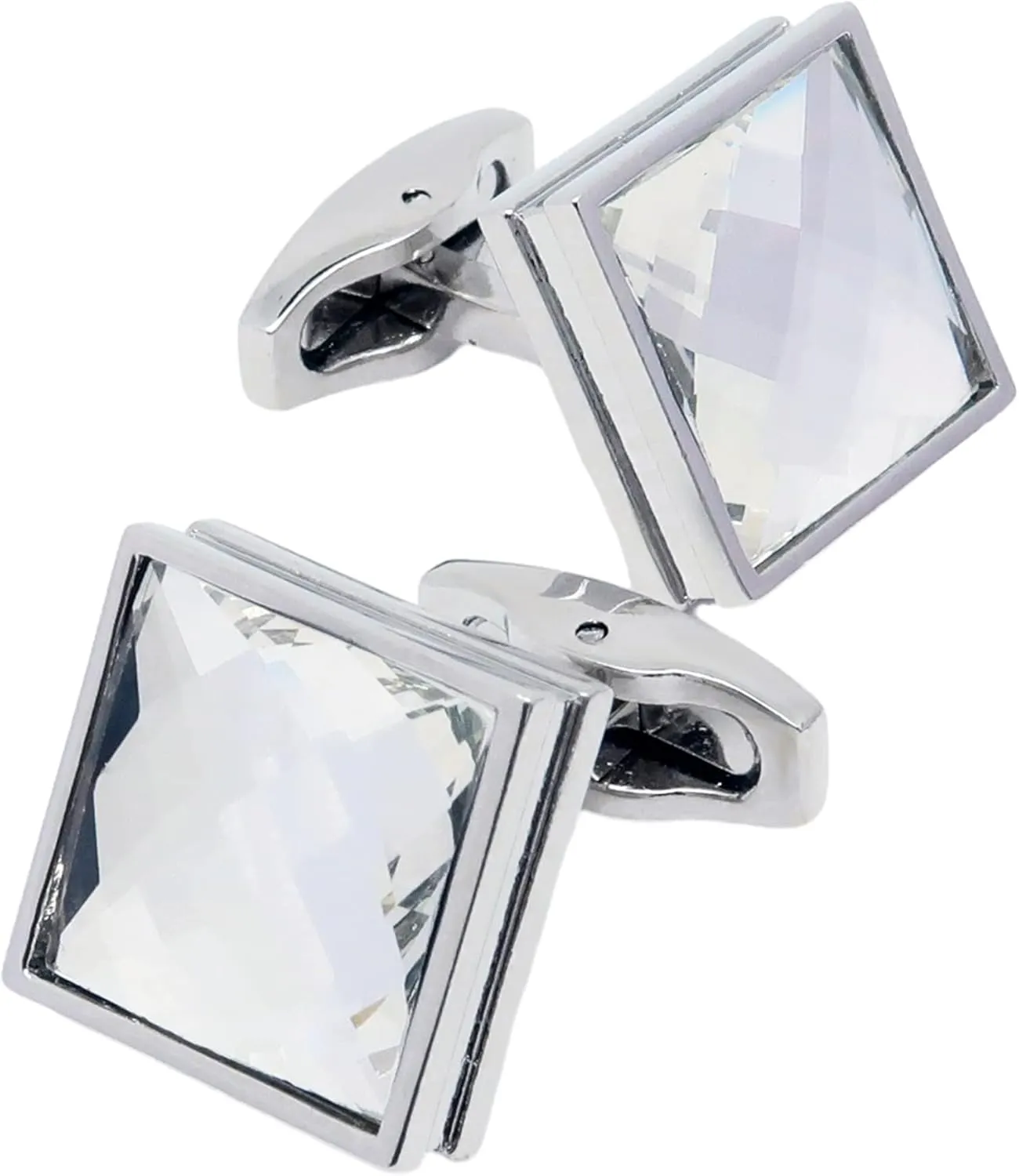Silver Square Crystal Cufflinks for Men In Gift Box Transparent Polyhedron Crystal Men's Cuff Link for Wedding Shirt Party Business Birthday Anniversary Dress