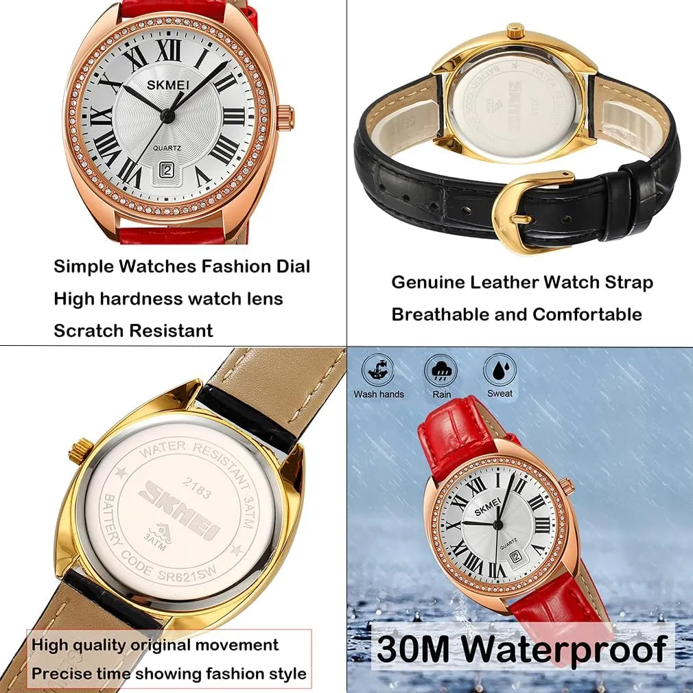 SKMEI Watch for Women Ladies Leather Band Fashion Simple Light Waterproof Casual Dress Analog Quartz Girl Female Gifts Black Wrist Watches