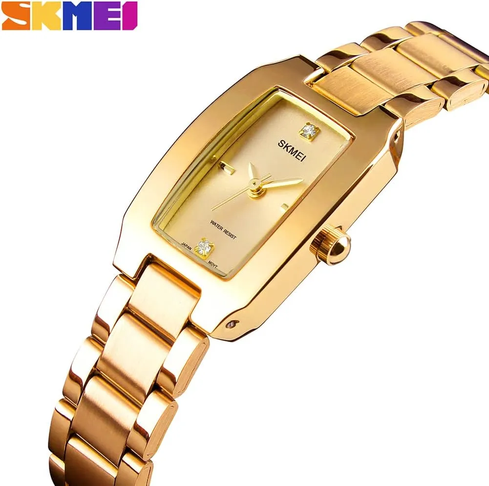 SKMEI Watches for Women Ladies Female Diamond Rose Gold Square Stainless Luxury Fashion Small Slim Analog Quartz Waterproof Dress Casual Simple Wife Girls Gifts Wrist Watch