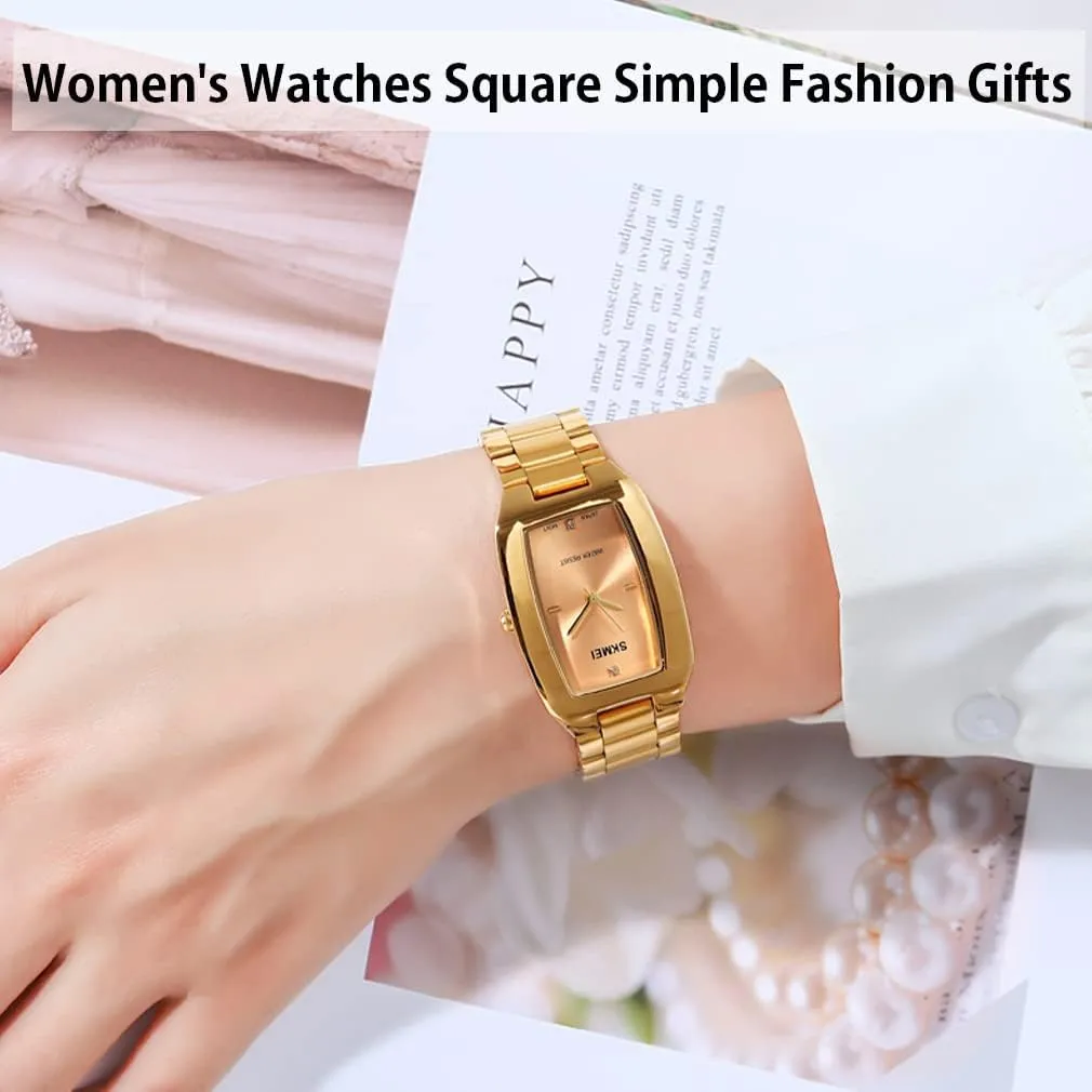 SKMEI Watches for Women Ladies Female Diamond Rose Gold Square Stainless Luxury Fashion Small Slim Analog Quartz Waterproof Dress Casual Simple Wife Girls Gifts Wrist Watch