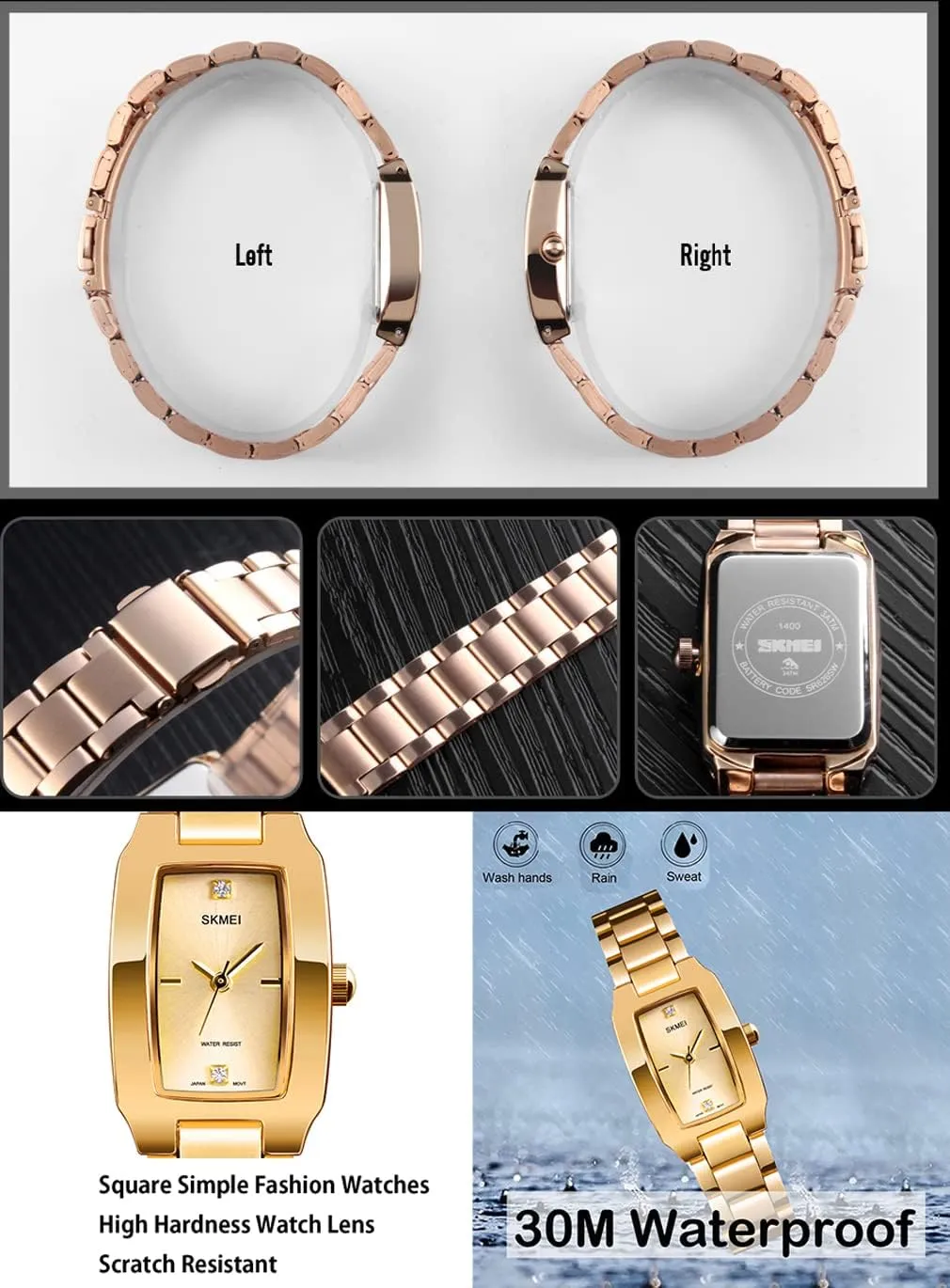 SKMEI Watches for Women Ladies Female Diamond Rose Gold Square Stainless Luxury Fashion Small Slim Analog Quartz Waterproof Dress Casual Simple Wife Girls Gifts Wrist Watch