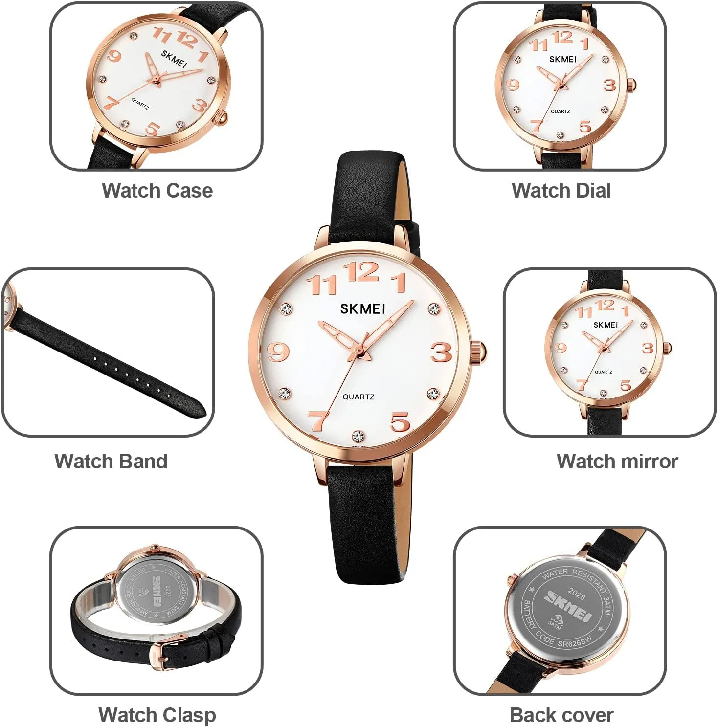 SKMEI Watches for Women Ladies Leather Band Fashion Simple Light Minimalist Thin Easy Read Big Face Waterproof Casual Dress Girls Gifts Black Wrist Watch
