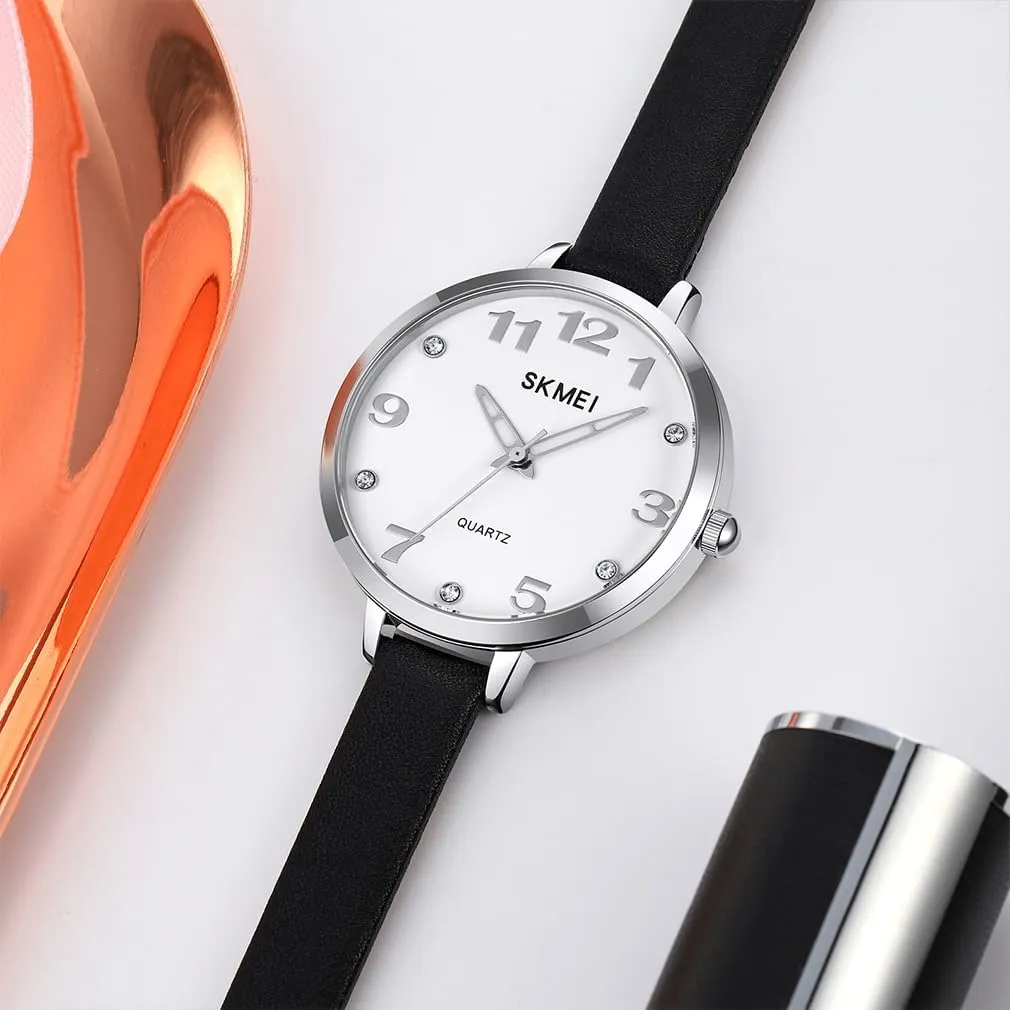 SKMEI Watches for Women Ladies Leather Band Fashion Simple Light Minimalist Thin Easy Read Big Face Waterproof Casual Dress Girls Gifts Black Wrist Watch