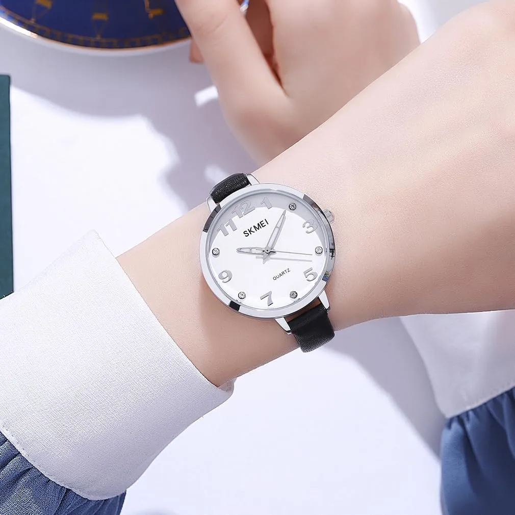 SKMEI Watches for Women Ladies Leather Band Fashion Simple Light Minimalist Thin Easy Read Big Face Waterproof Casual Dress Girls Gifts Black Wrist Watch