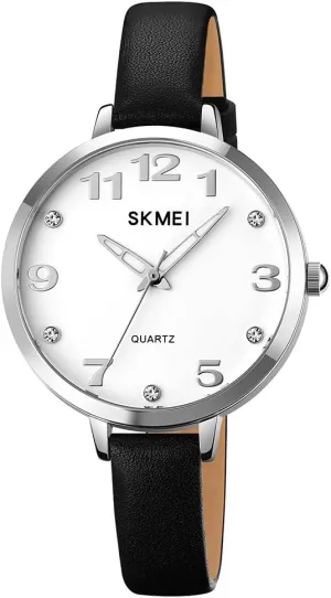 SKMEI Watches for Women Ladies Leather Band Fashion Simple Light Minimalist Thin Easy Read Big Face Waterproof Casual Dress Girls Gifts Black Wrist Watch