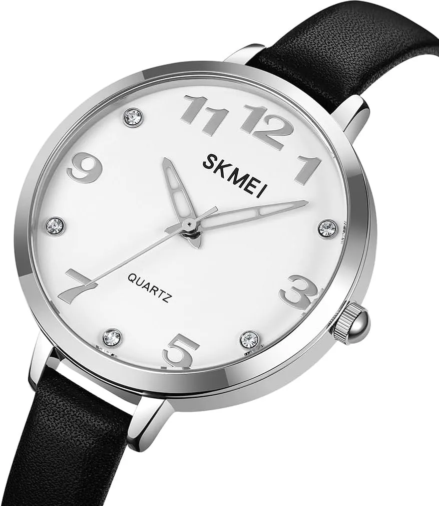 SKMEI Watches for Women Ladies Leather Band Fashion Simple Light Minimalist Thin Easy Read Big Face Waterproof Casual Dress Girls Gifts Black Wrist Watch