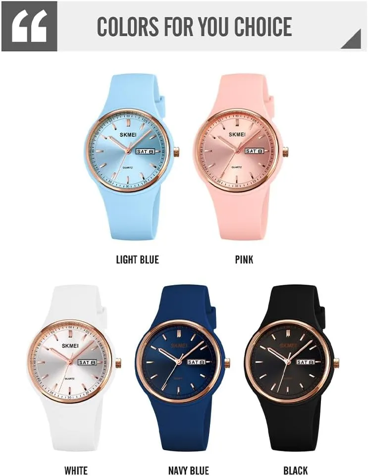 SKMEI Watches for Young Women Lady Sports Silicone Band Big Face Large Waterproof Fashion Casual Simple Quartz Analog Day Date Girls Gift White Wrist Watch