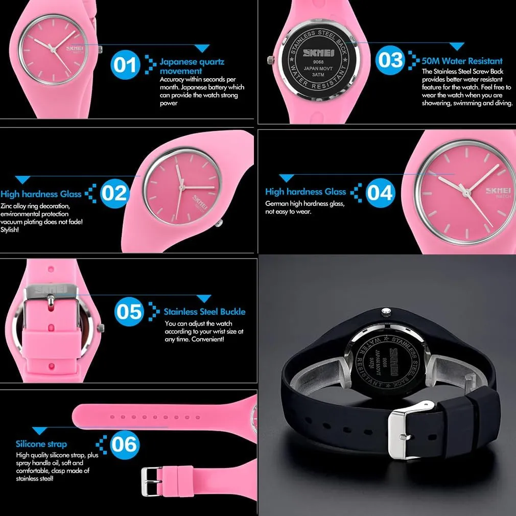 SKMEI Watches for Young Women Lady Sports Silicone Band Waterproof Fashion Casual Simple Quartz Analog Teens Girls Gift Black Wrist Watch
