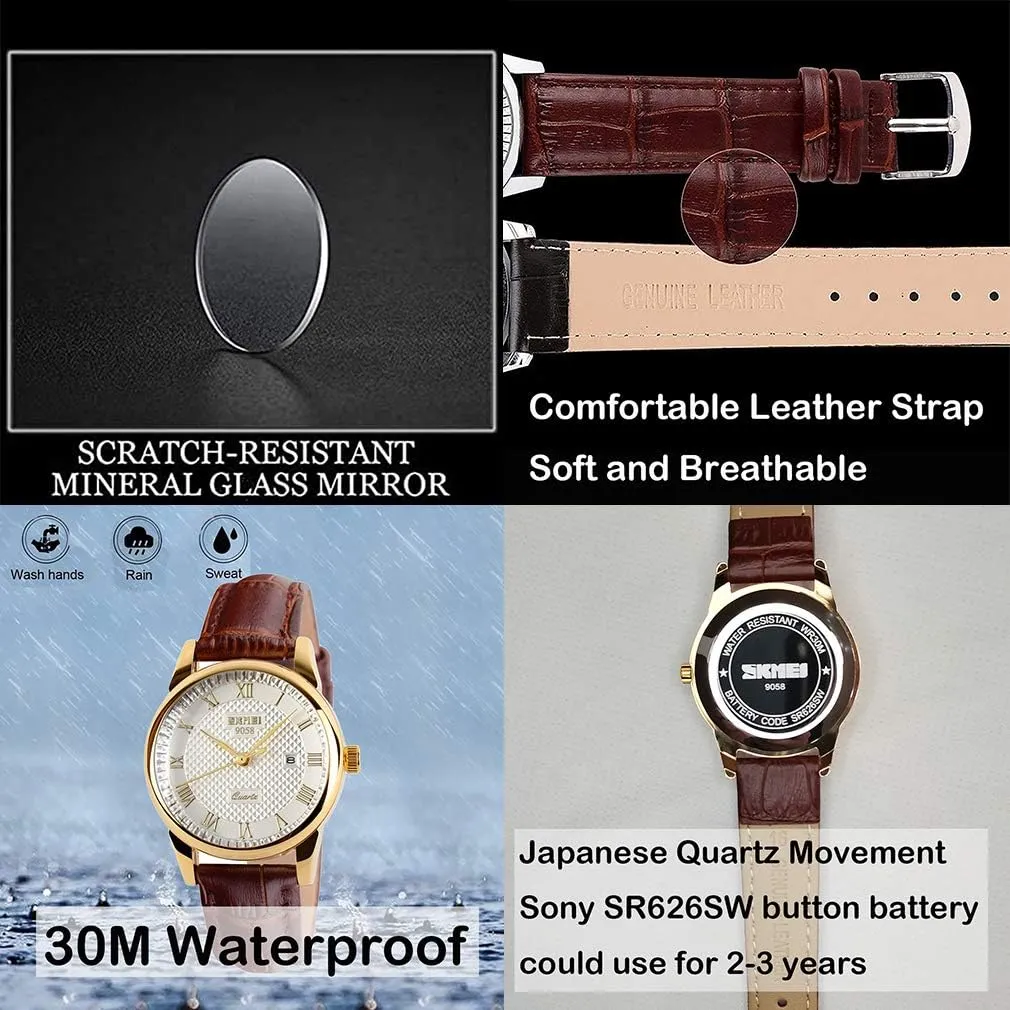SKMEI Women's Watches for Ladies Female Black Leather Band Waterproof Fashion Casual Simple Dress Quartz Analog Day Date Calendar Business Light Wrist Watch Wife Girls Gifts