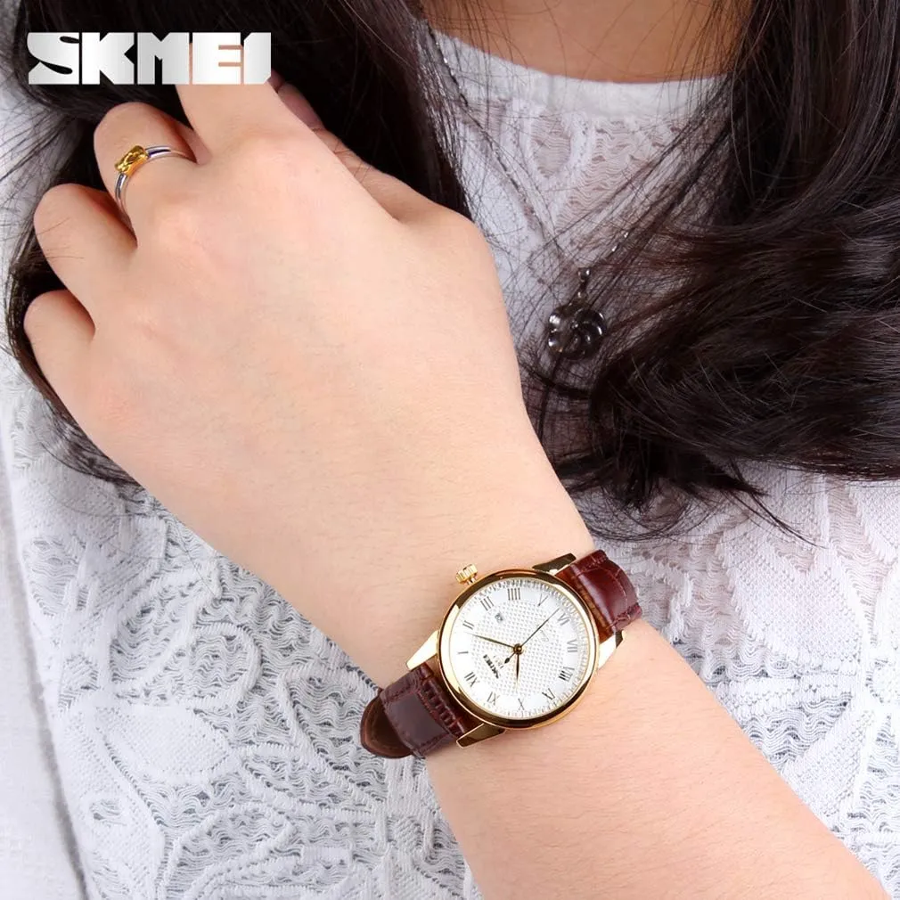 SKMEI Women's Watches for Ladies Female Black Leather Band Waterproof Fashion Casual Simple Dress Quartz Analog Day Date Calendar Business Light Wrist Watch Wife Girls Gifts