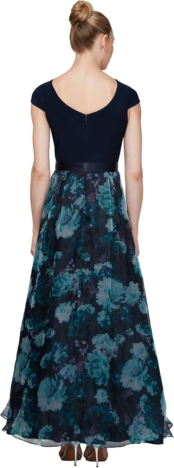 S.L. Fashions Women's Long Floral Print Sleeveless Special Occasion, Wedding Guest Dress W/Belt (Petite and Regular Sizes)