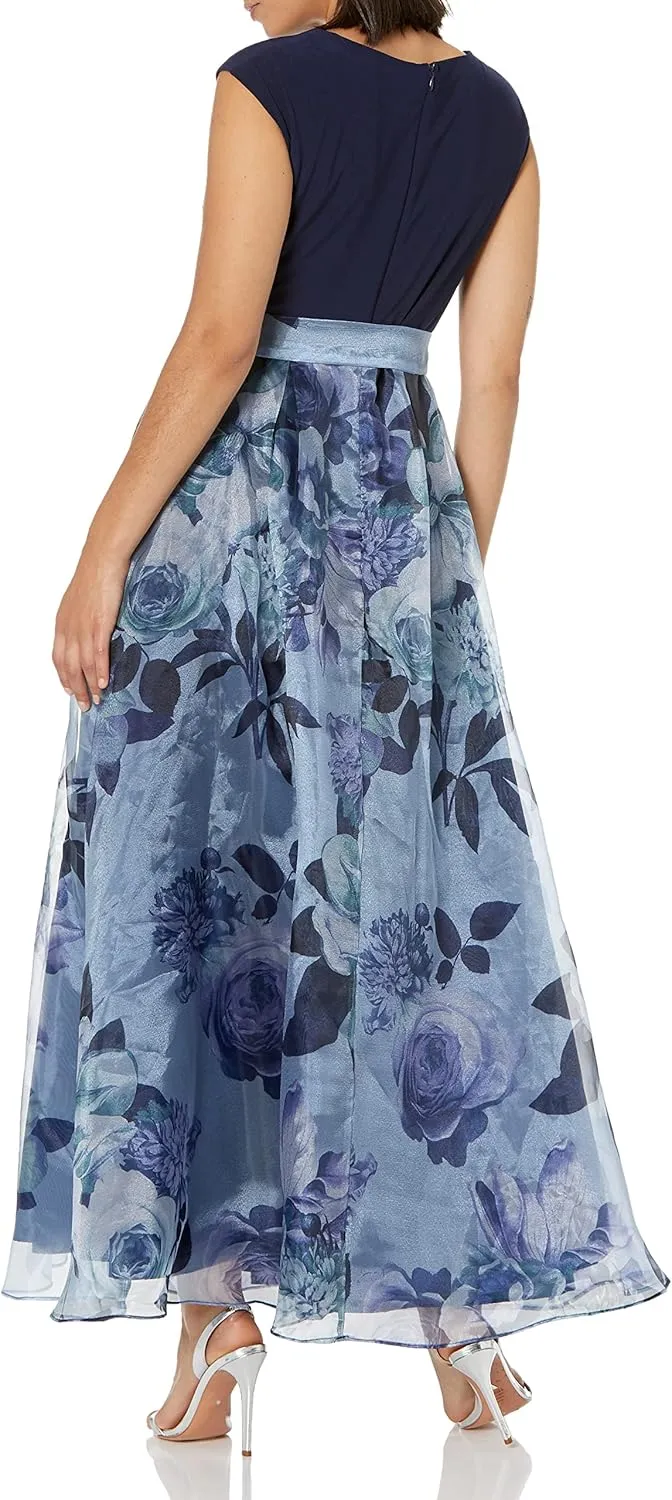 S.L. Fashions Women's Long Floral Print Sleeveless Special Occasion, Wedding Guest Dress W/Belt (Petite and Regular Sizes)
