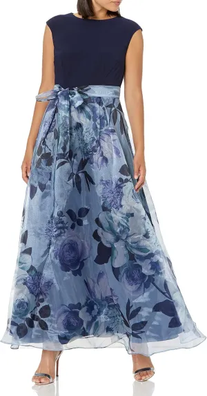 S.L. Fashions Women's Long Floral Print Sleeveless Special Occasion, Wedding Guest Dress W/Belt (Petite and Regular Sizes)