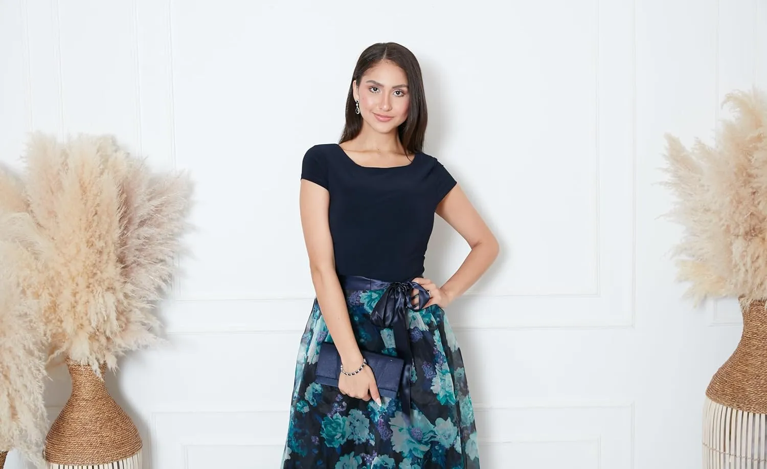 S.L. Fashions Women's Long Floral Print Sleeveless Special Occasion, Wedding Guest Dress W/Belt (Petite and Regular Sizes)