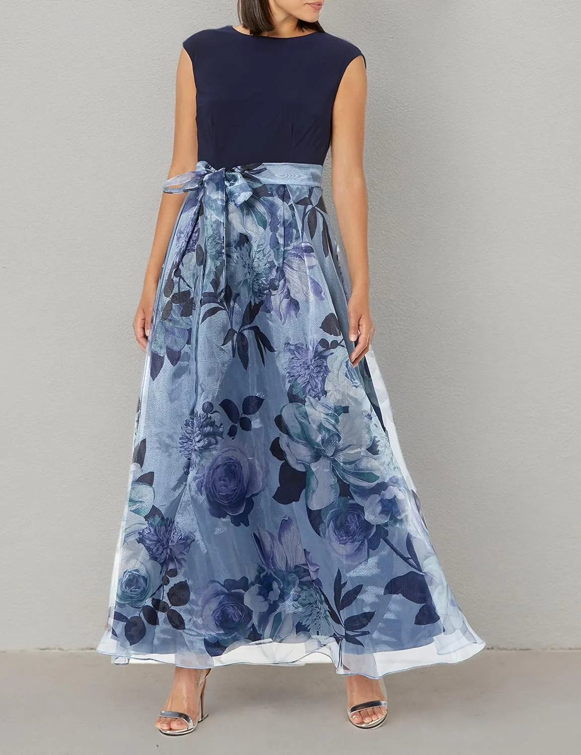 S.L. Fashions Women's Long Floral Print Sleeveless Special Occasion, Wedding Guest Dress W/Belt (Petite and Regular Sizes)