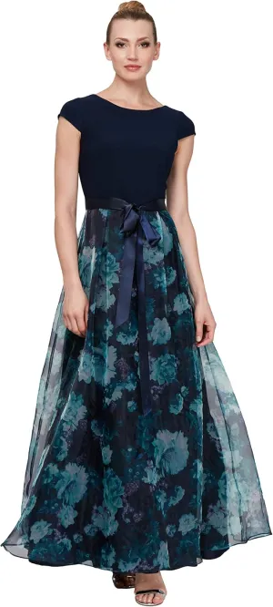 S.L. Fashions Women's Long Floral Print Sleeveless Special Occasion, Wedding Guest Dress W/Belt (Petite and Regular Sizes)