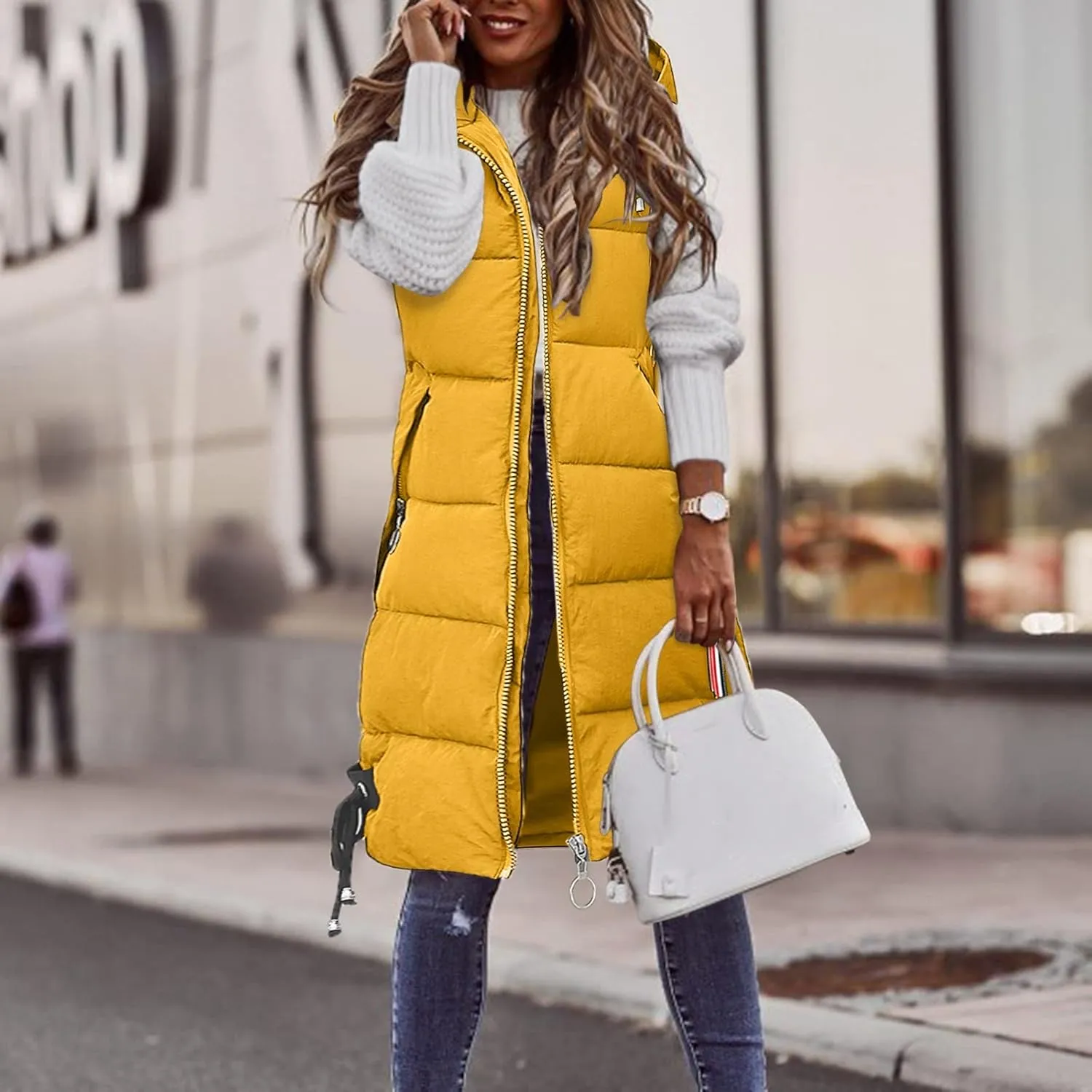 Sleeveless Long Down Jacket Vest for Women Casual Loose Fit Hooded Cotton-Padded Jackets Coats Fashion Vests Tops