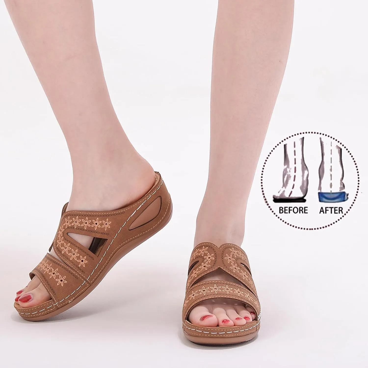 Slide Sandals Women Orthopedic Casual Wedge Slipper Sandals Fashion Cutout Flower Design Walking Shoes Lightweight Non-Slip Summer Beach Slippers