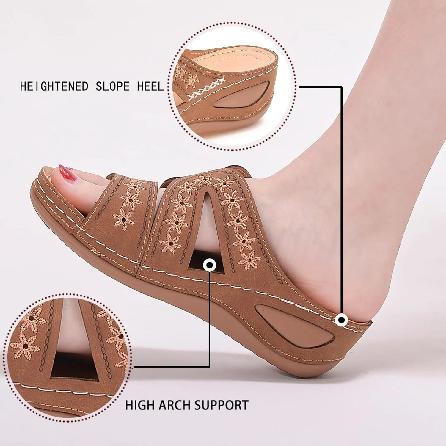 Slide Sandals Women Orthopedic Casual Wedge Slipper Sandals Fashion Cutout Flower Design Walking Shoes Lightweight Non-Slip Summer Beach Slippers
