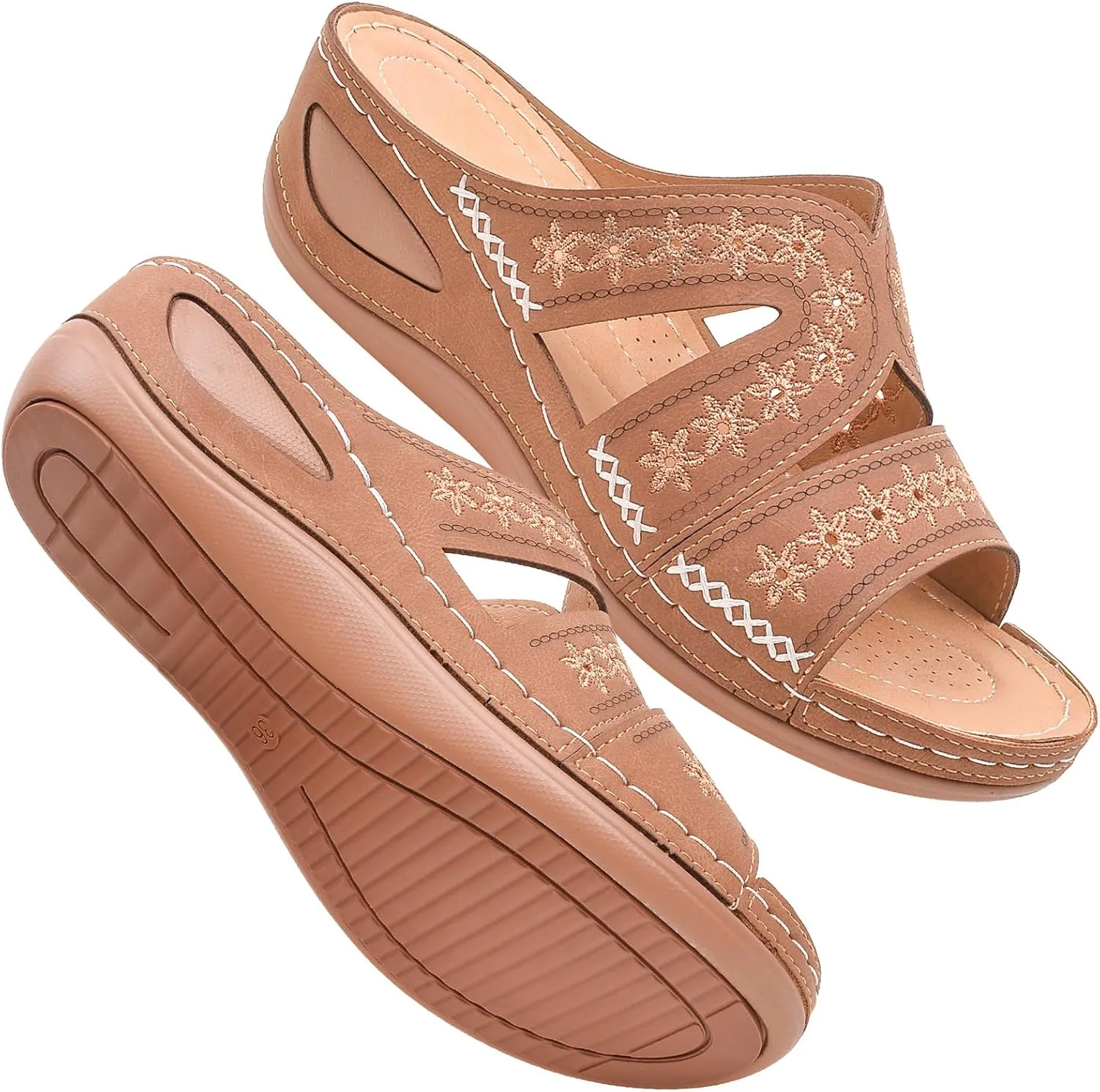 Slide Sandals Women Orthopedic Casual Wedge Slipper Sandals Fashion Cutout Flower Design Walking Shoes Lightweight Non-Slip Summer Beach Slippers