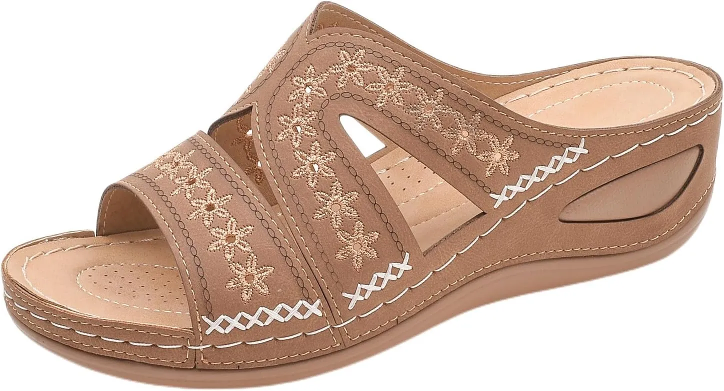 Slide Sandals Women Orthopedic Casual Wedge Slipper Sandals Fashion Cutout Flower Design Walking Shoes Lightweight Non-Slip Summer Beach Slippers