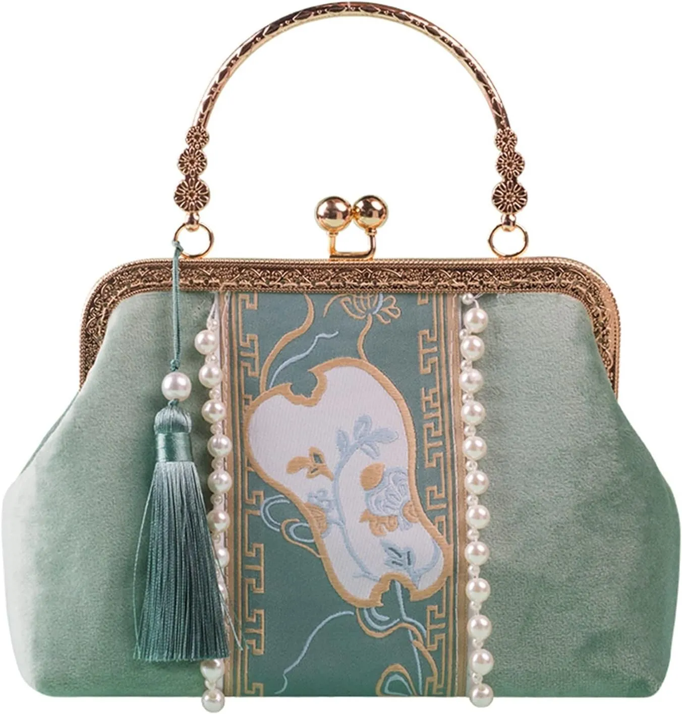 Small Clutch Bag Evening Bag with Detachable Chain, Girls Purse Pearl Flower Shoulder Bags with Faux Pearl Chain (Color : Green)