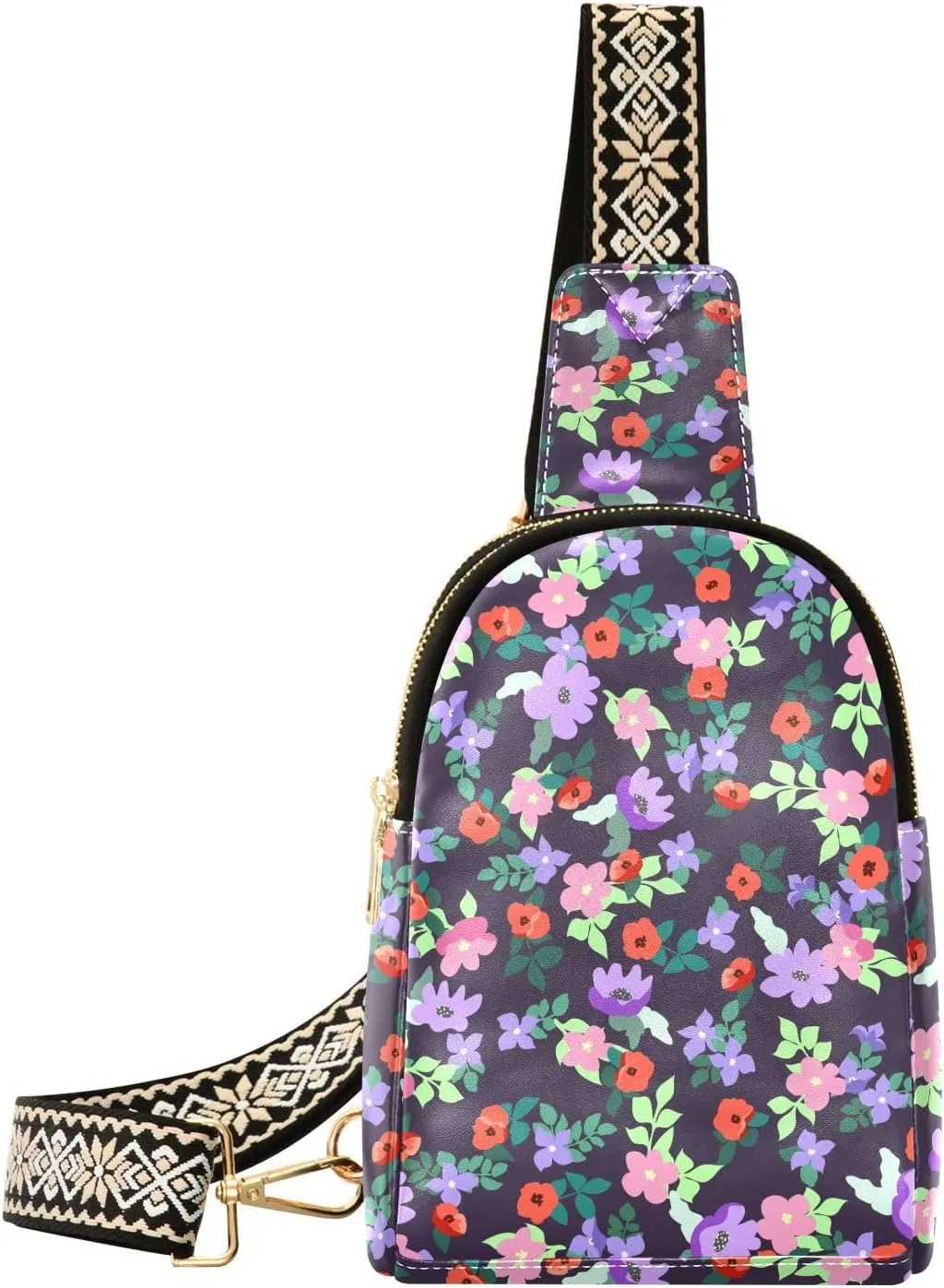 Small Naive Flowers Fanny Pack Crossbody PC Leather Small Sling Bag for Women Pink Wildflowers Fashion Waist Packs Chest Bag for Travel Sports Running Hiking