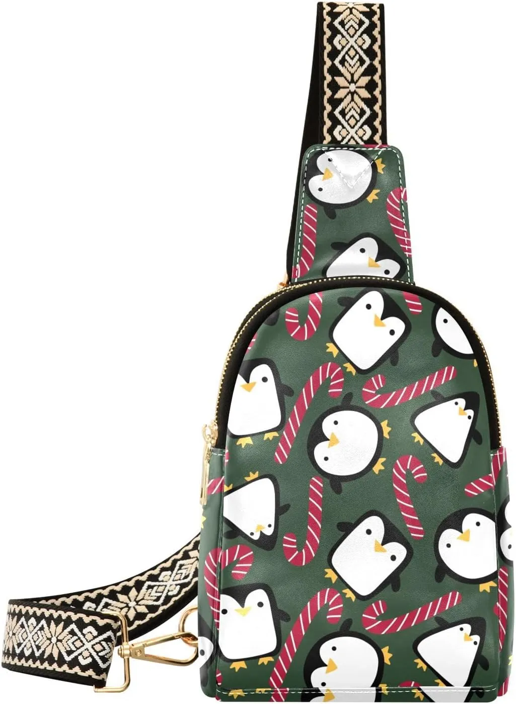 Small Sling Bag Fanny Packs Crossbody Bags for Women Christmas Candy Cane Penguin Leather Fashion Chest Bag Belt Bag for Women for Travel Sports Running Hiking