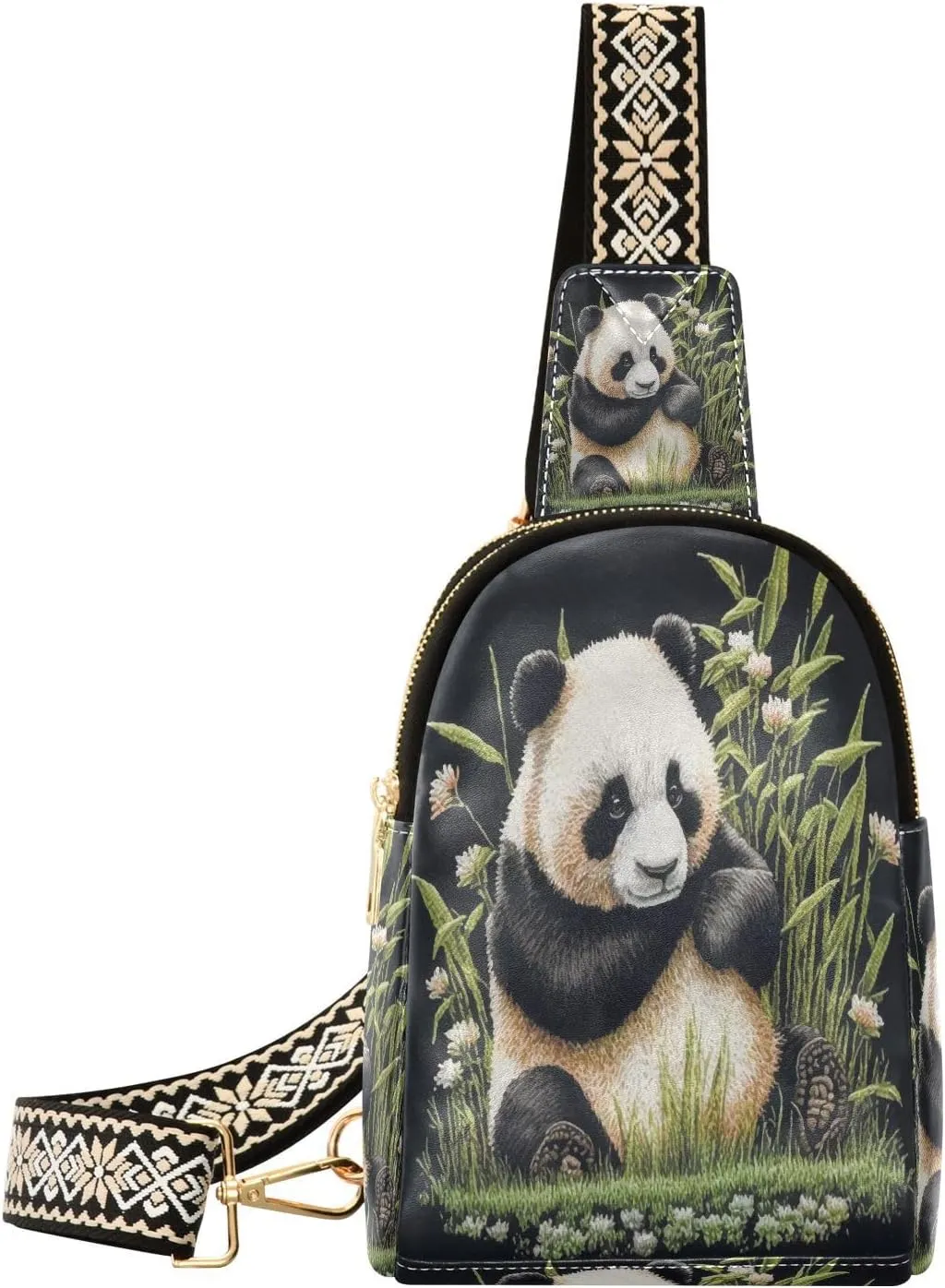 Small Sling Bag Fanny Packs Crossbody Bags for Women Embroidery Panda Cute Leather Fashion Chest Bag Belt Bag for Women for Travel Sports Running Hiking