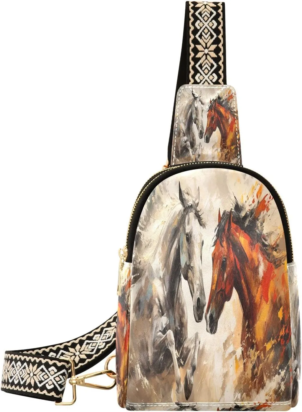 Small Sling Bag Fanny Packs Crossbody Bags for Women Horse Paint Leather Fashion Chest Bag Belt Bag for Women for Travel Sports Running Hiking