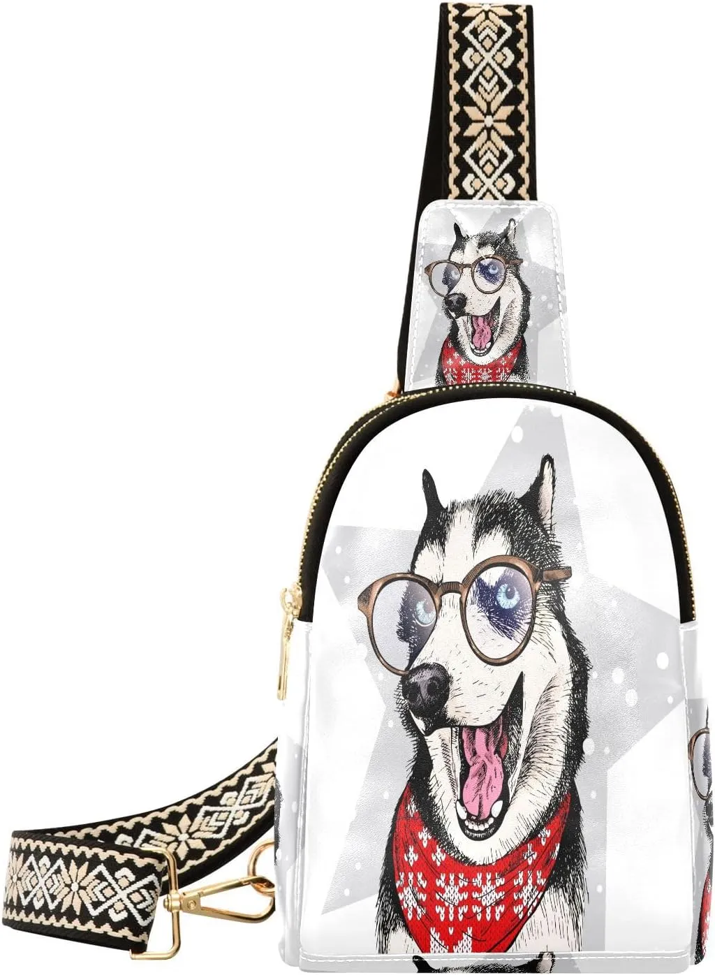 Small Sling Bag Fanny Packs Crossbody Bags for Women Husky Dog Wearing Glasses Leather Fashion Chest Bag Belt Bag for Women for Travel Sports Running Hiking