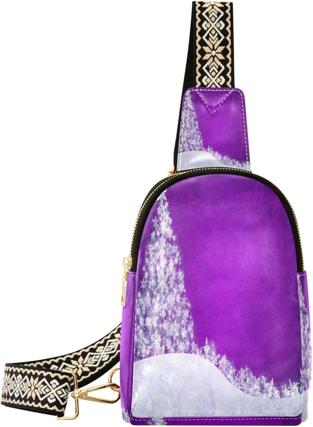 Small Sling Bag Fanny Packs Crossbody Bags for Women Purple Christmas Snowflakes Leather Fashion Chest Bag Belt Bag for Women for Travel Sports Running Hiking