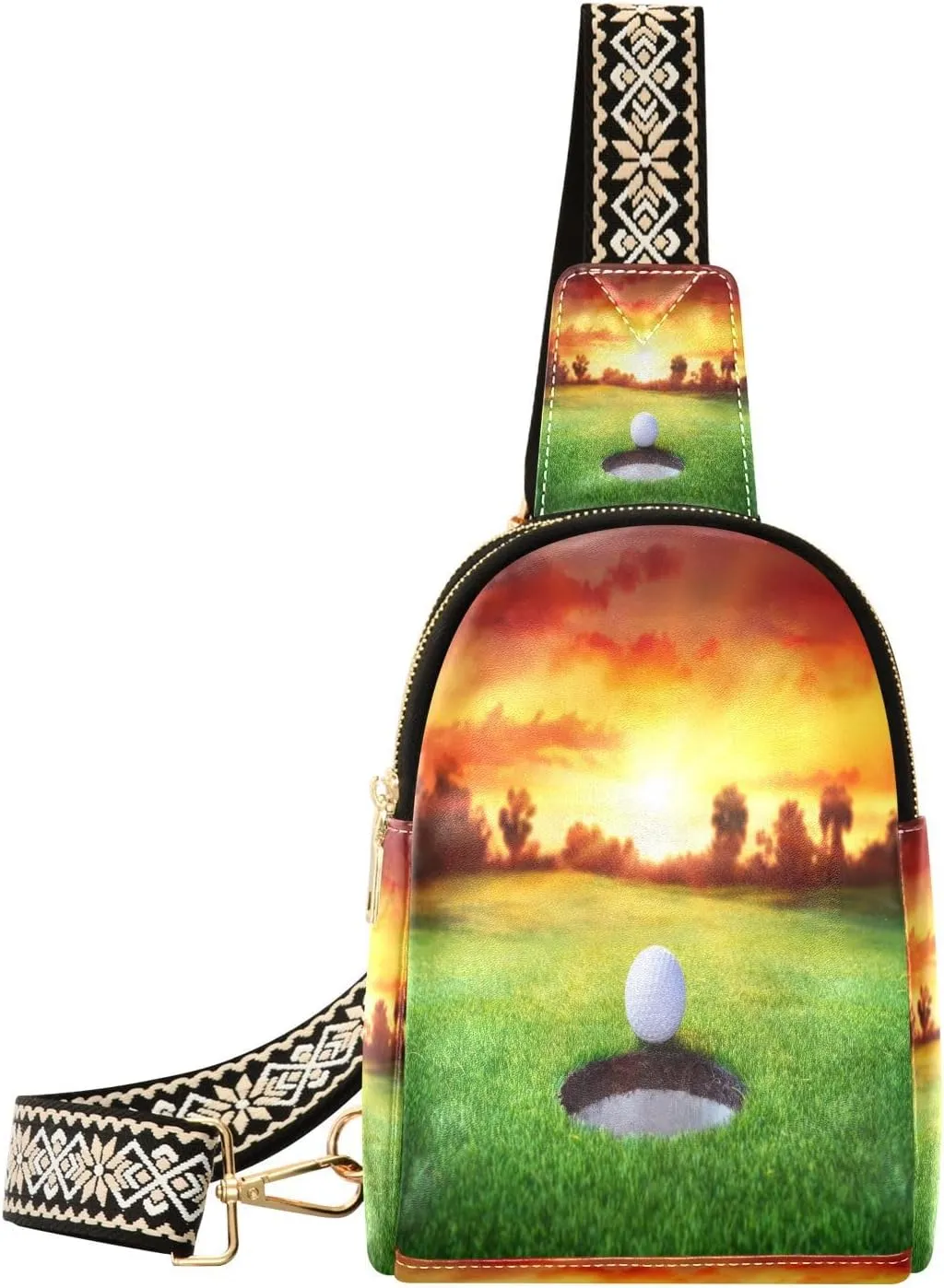 Small Sling Bag Fanny Packs Crossbody Bags for Women Sport Golf Ball Sunset Leather Fashion Chest Bag Belt Bag for Women for Travel Sports Running Hiking