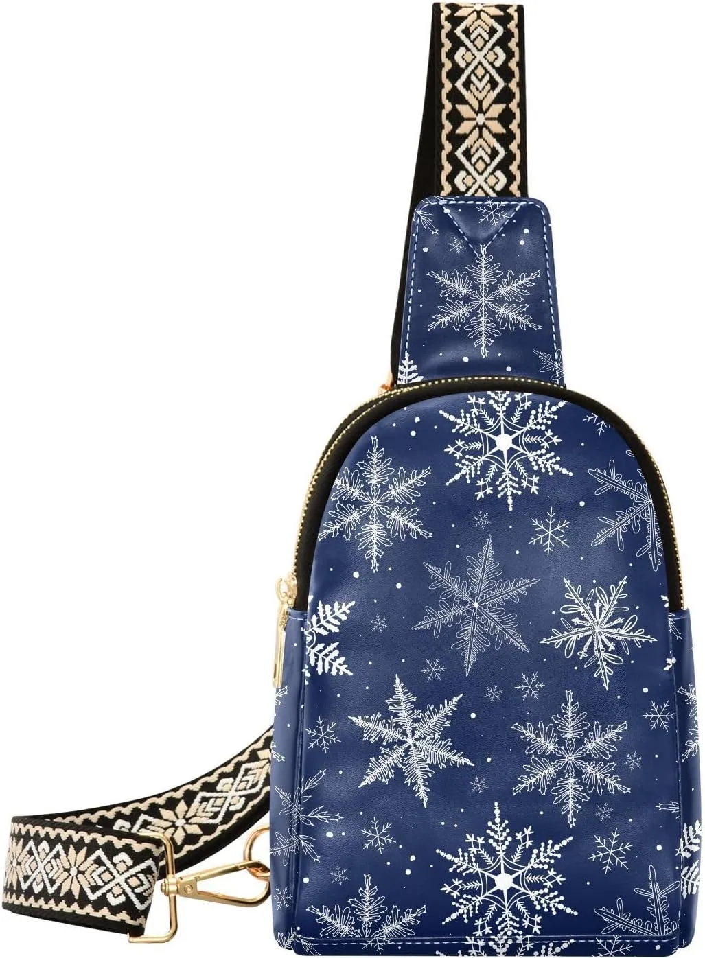 Small Sling Bag Fanny Packs Crossbody Bags for Women White Snowflakes Winter Doodle Leather Fashion Chest Bag Belt Bag for Women for Travel Sports Running Hiking
