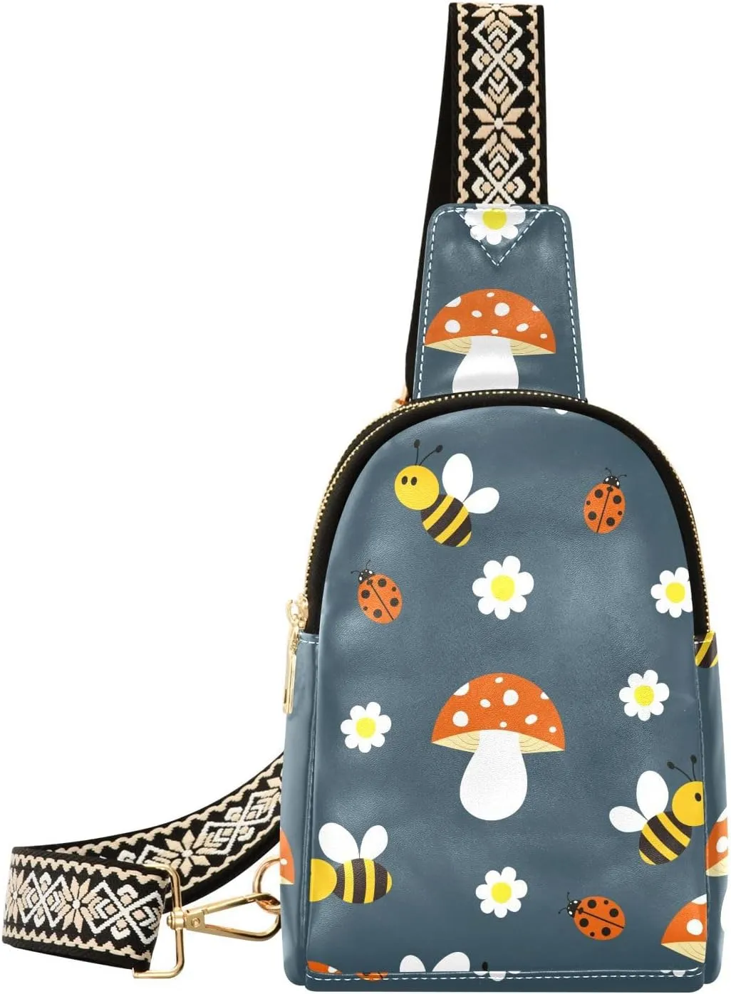 Small Sling Bag for Women Cute Bees Mushrooms PC Leather Fanny Pack Crossbody Daisy Pattern Fashion Waist Packs Chest Bag for Travel Sports Running Hiking