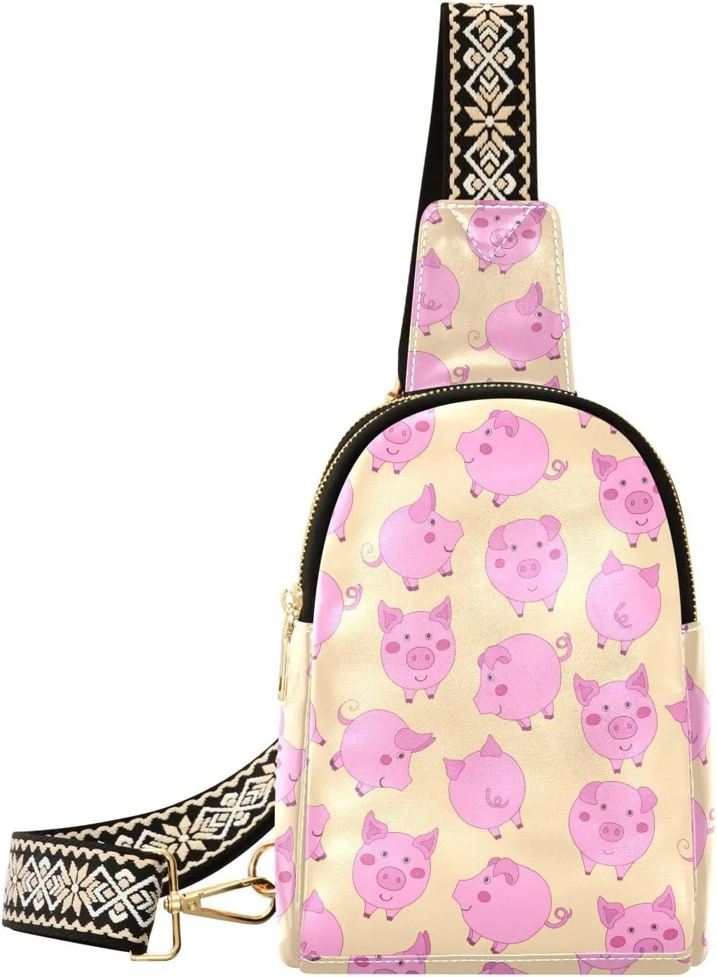 Small Sling Bag for Women Cute Cartoon Pink Pigs PC Leather Fanny Pack Crossbody Yellow Fashion Waist Packs Chest Bag for Travel Sports Running Hiking