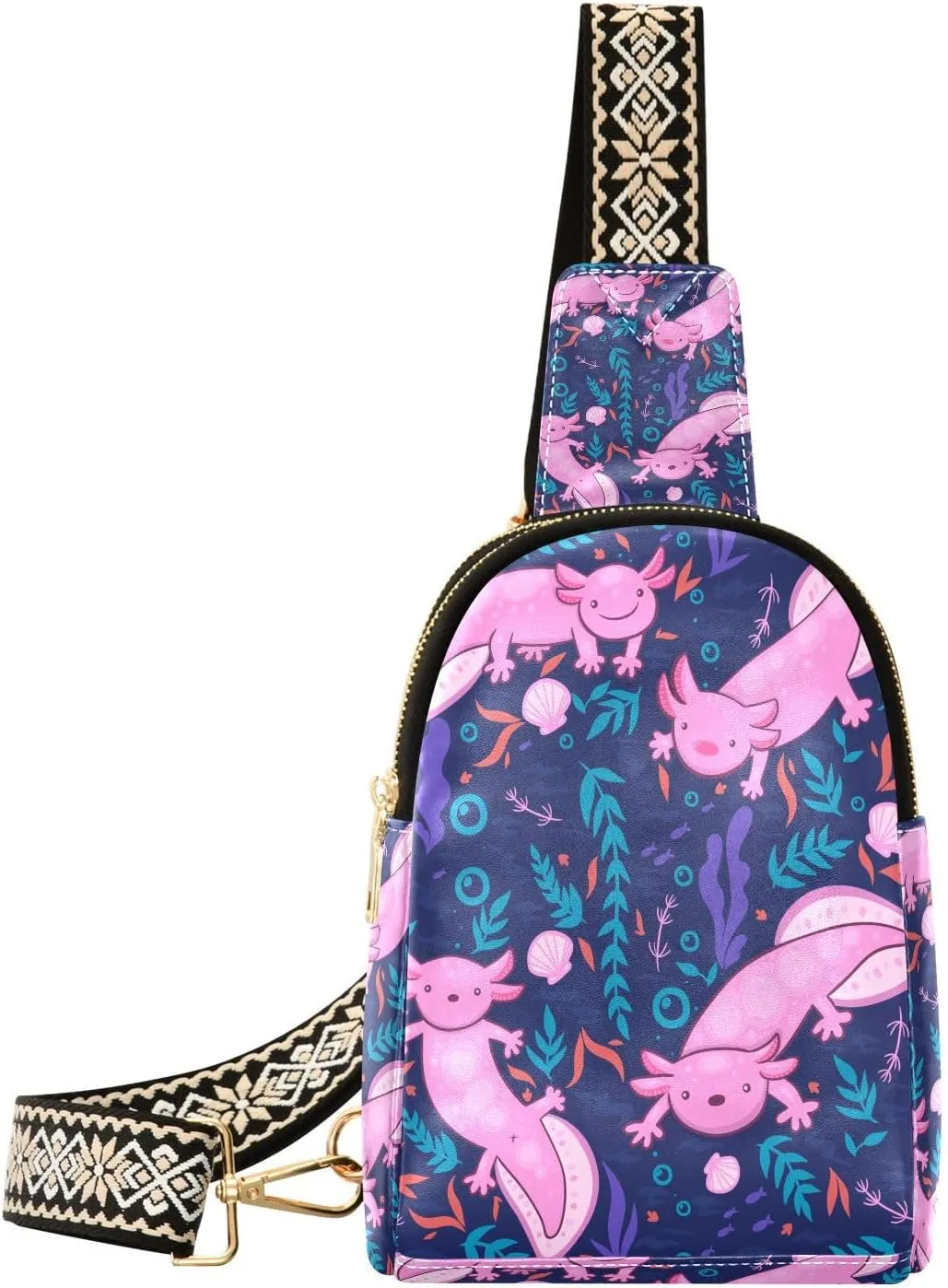 Small Sling Bag for Women Pink Axolotl PC Leather Fanny Pack Crossbody Seamless Pattern Fashion Waist Packs Chest Bag for Travel Sports Running Hiking