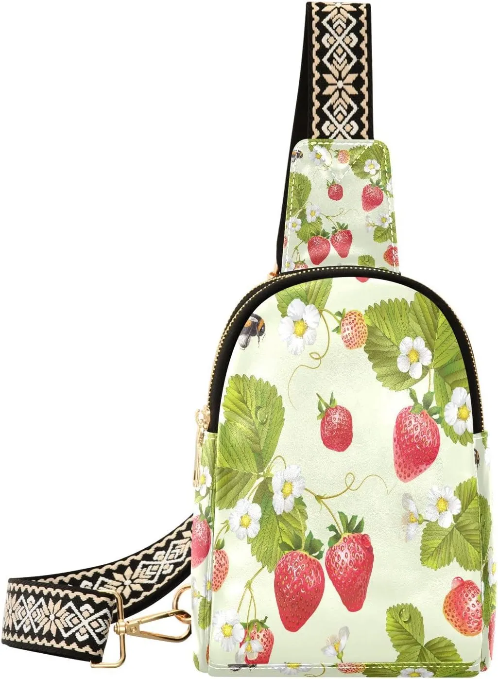 Small Sling Bag for Women Red Strawberry Spring PC Leather Fanny Pack Crossbody Leaves Fruit Fashion Waist Packs Chest Bag for Travel Sports Running Hiking