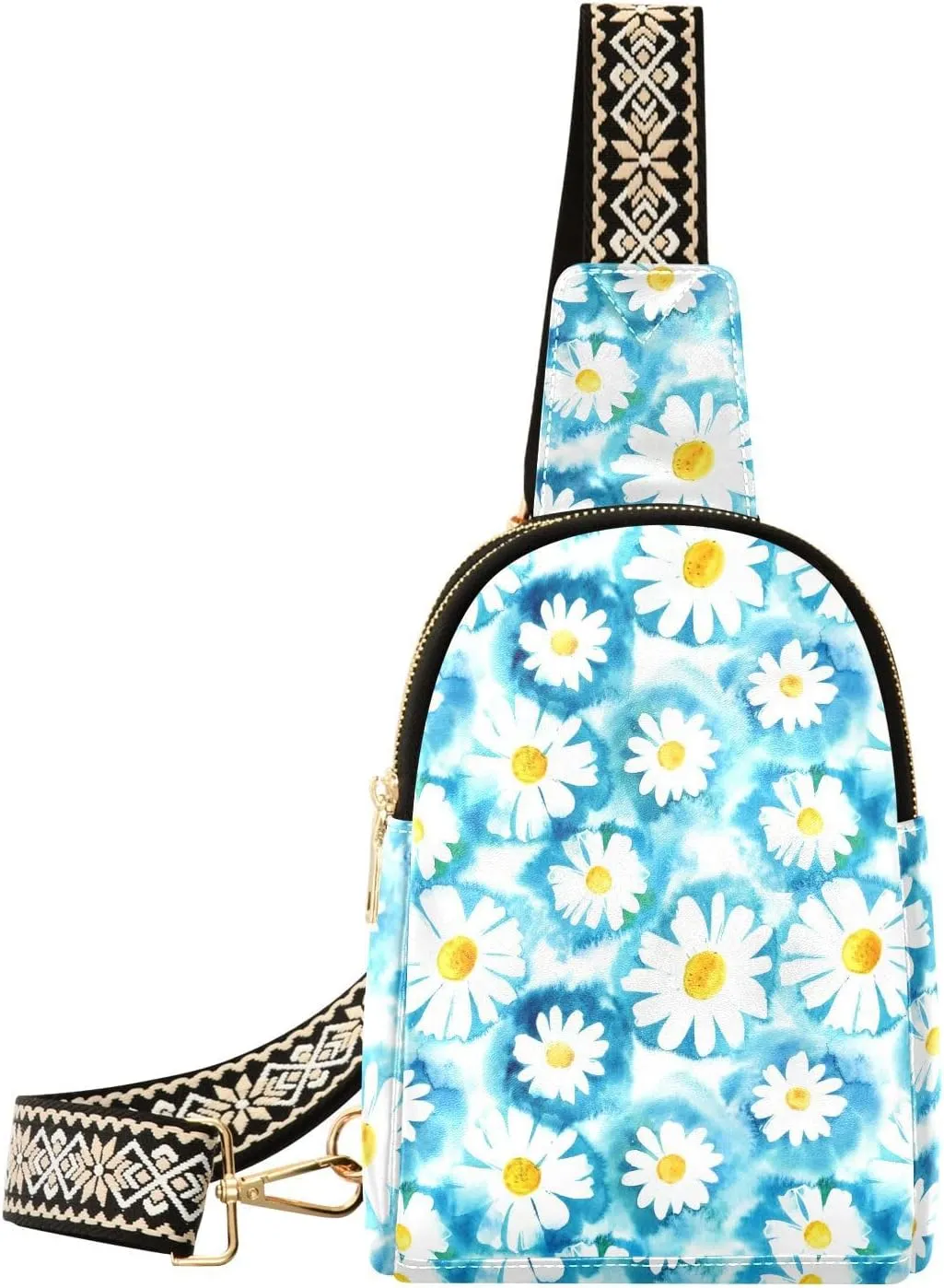 Small Sling Bag for Women Watercolor Daisies PC Leather Fanny Pack Crossbody Blue Fashion Waist Packs Chest Bag for Travel Sports Running Hiking