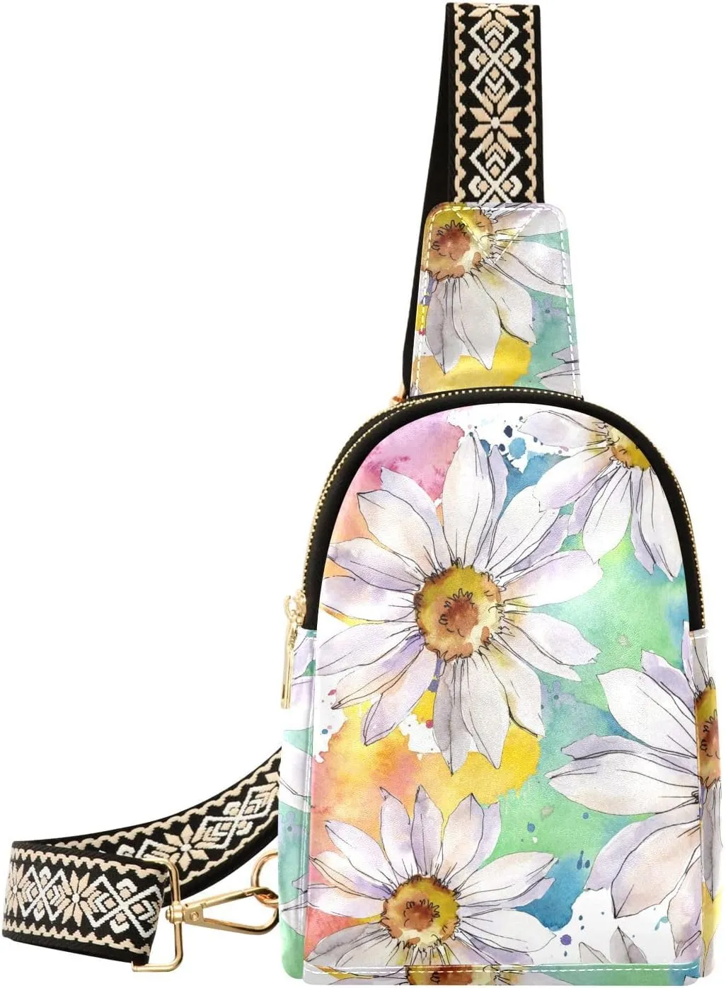 Small Sling Bag for Women White Daisy Floral PC Leather Fanny Pack Crossbody Fashion Waist Packs Chest Bag for Travel Sports Running Hiking