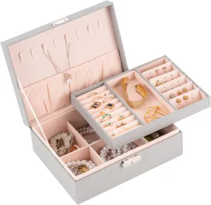 Smileshe Jewelry Box for Women Girls, PU Leather Organizer Holder Boxes with Lock, 2 Layers Removable Display Storage Travel Case for Rings Earrings Necklaces Bracelets