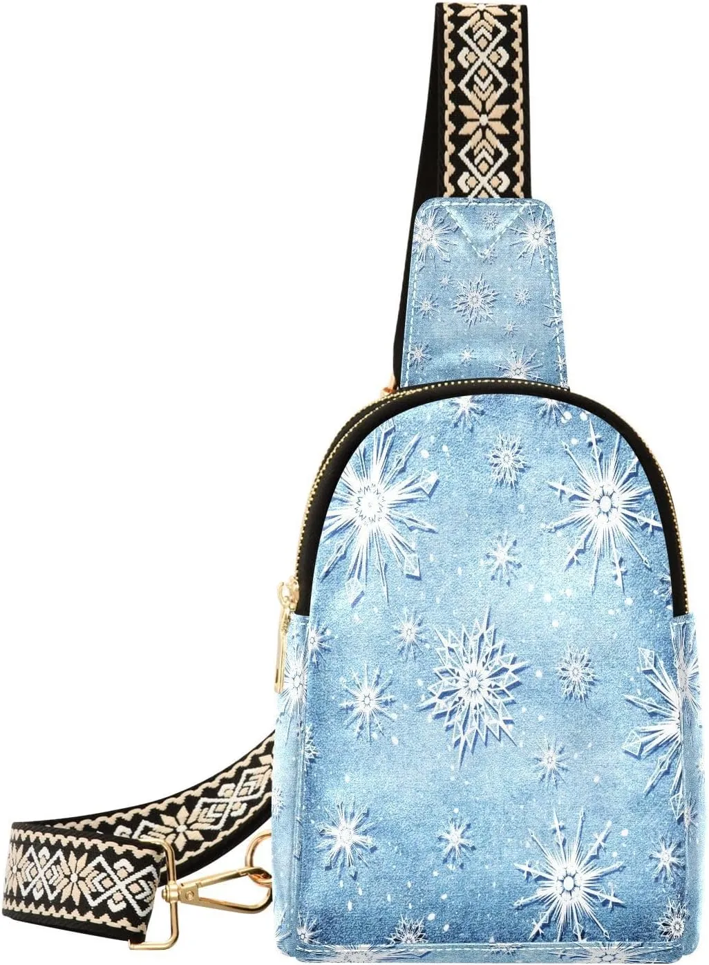 Snowflakes Winter Fanny Pack Crossbody PC Leather Small Sling Bag for Women Blue Background Fashion Waist Packs Chest Bag for Travel Sports Running Hiking