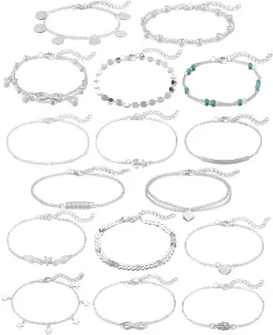 Softones 16Pcs Ankle Bracelets for Women Gold Silver Two Style Chain Beach Anklet Bracelet Jewelry Anklet Set,Adjustable Size