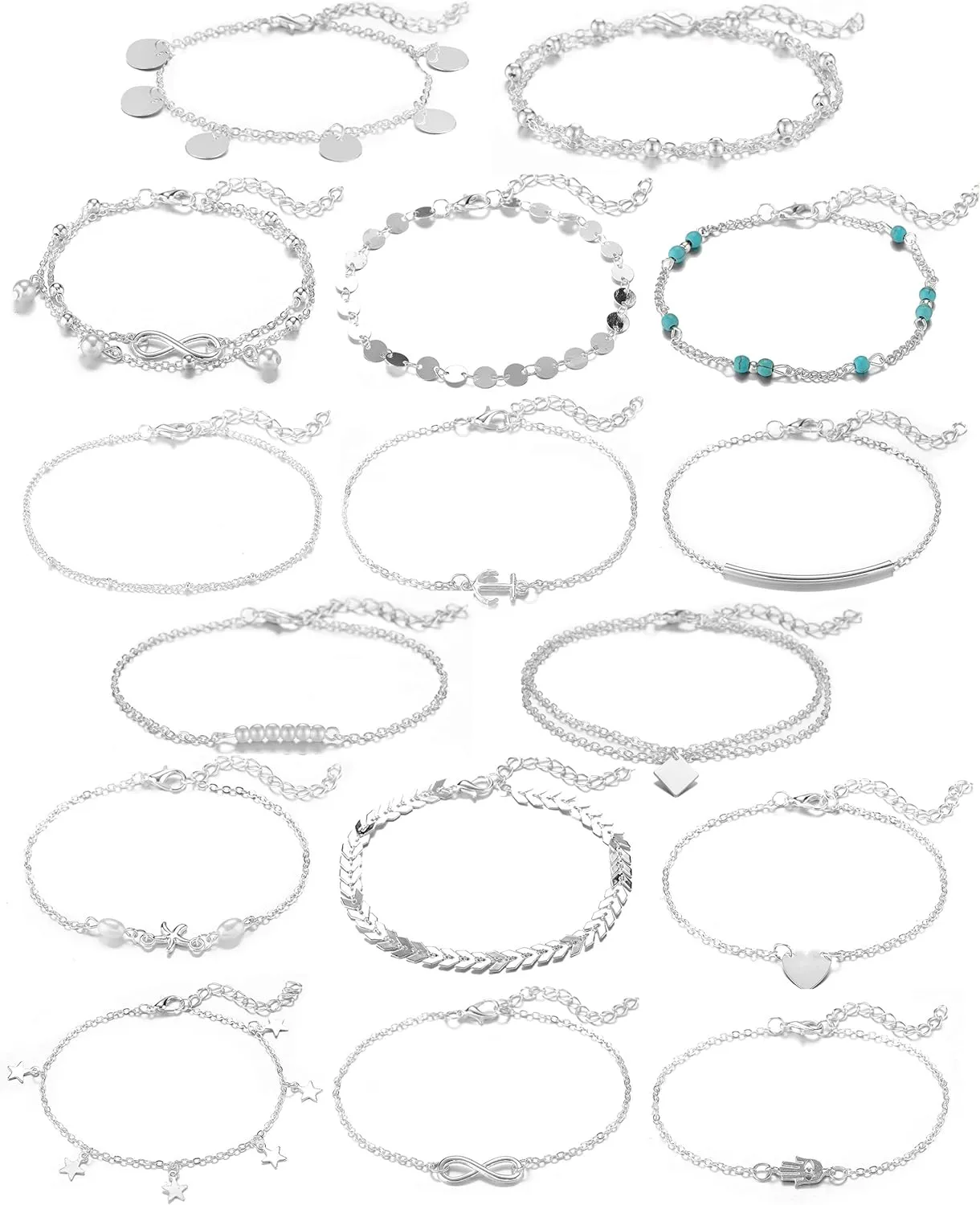 Softones 16Pcs Ankle Bracelets for Women Gold Silver Two Style Chain Beach Anklet Bracelet Jewelry Anklet Set,Adjustable Size