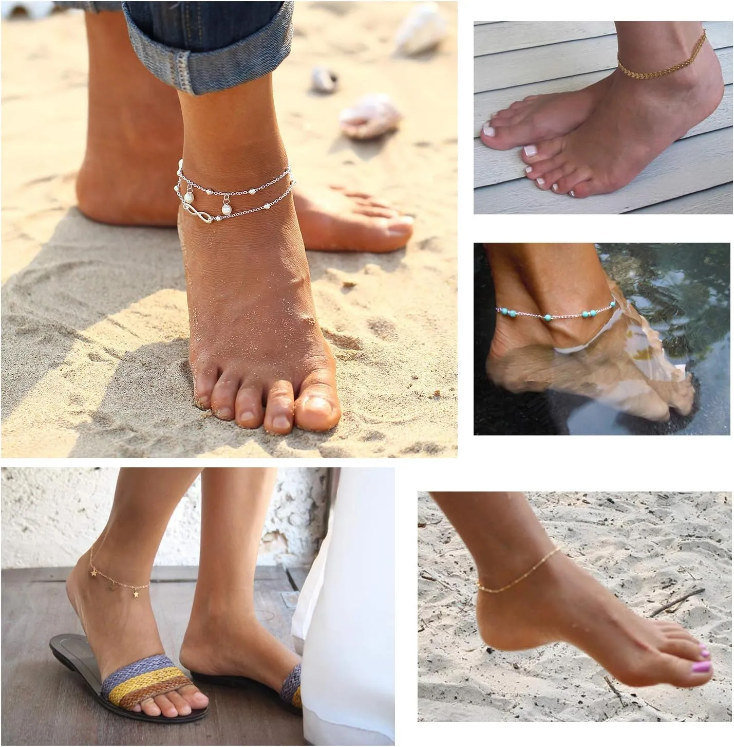 Softones 16Pcs Ankle Bracelets for Women Gold Silver Two Style Chain Beach Anklet Bracelet Jewelry Anklet Set,Adjustable Size