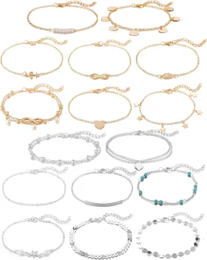 Softones 16Pcs Ankle Bracelets for Women Gold Silver Two Style Chain Beach Anklet Bracelet Jewelry Anklet Set,Adjustable Size