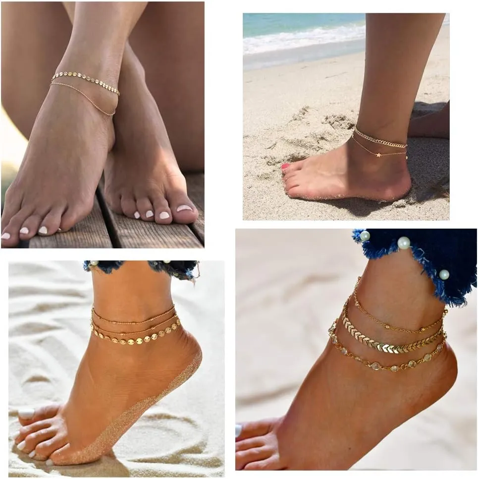 Softones 16Pcs Ankle Bracelets for Women Gold Silver Two Style Chain Beach Anklet Bracelet Jewelry Anklet Set,Adjustable Size