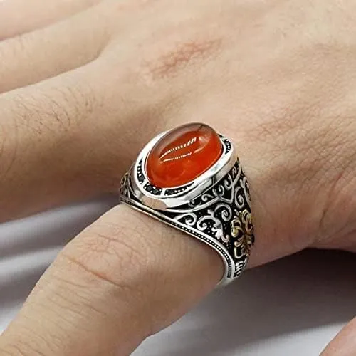 Solid 925 Sterling Silver Men's Ring Red Agate Stone Ring Trkiye Handmade Agate Silver Luxury Vintage Men's Ring Simple Style