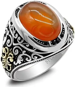 Solid 925 Sterling Silver Men's Ring Red Agate Stone Ring Trkiye Handmade Agate Silver Luxury Vintage Men's Ring Simple Style
