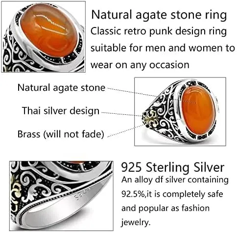 Solid 925 Sterling Silver Men's Ring Red Agate Stone Ring Trkiye Handmade Agate Silver Luxury Vintage Men's Ring Simple Style